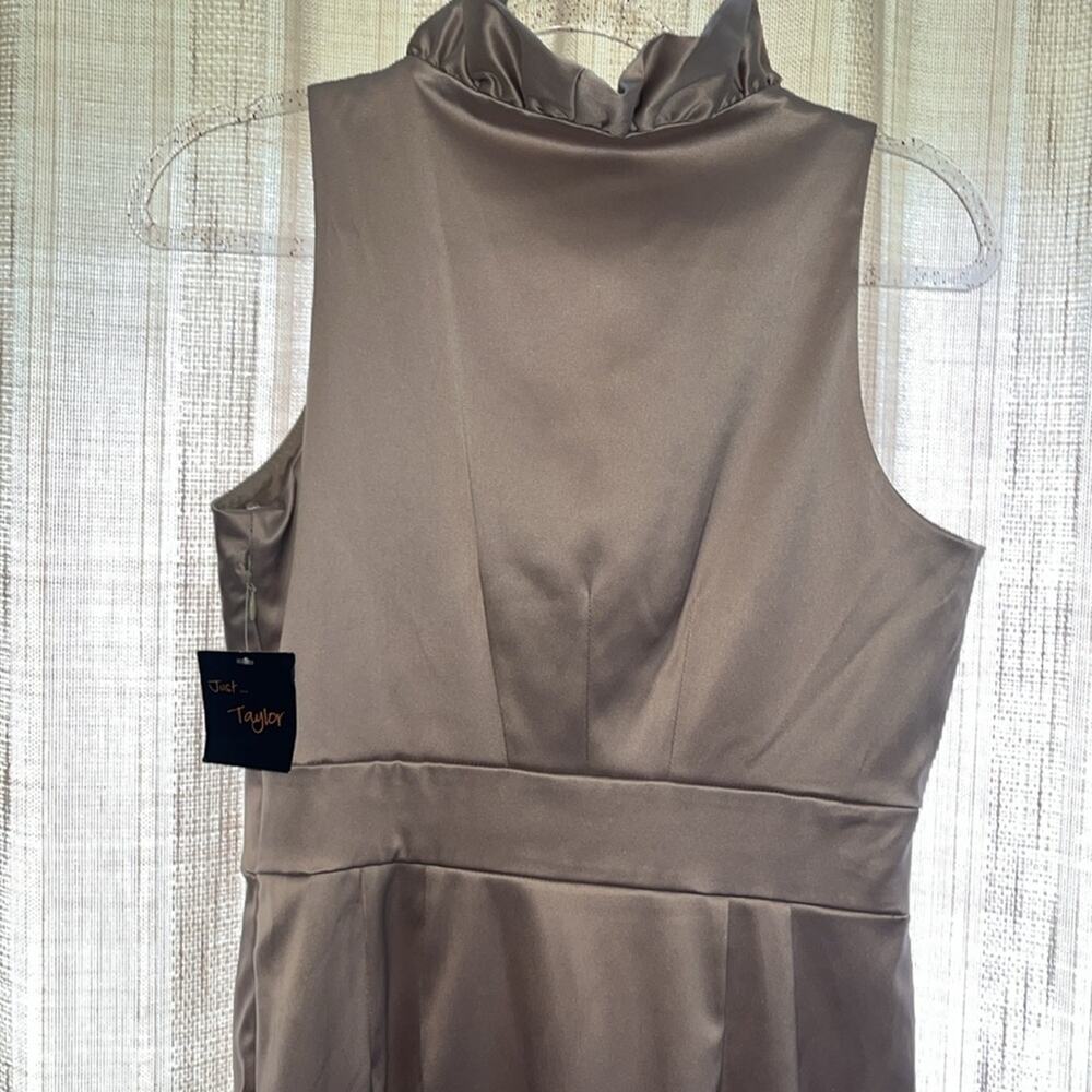Just Taylor Dress 6 RUFFLE NECK SATIN SHEATH Pencil Evening Cocktail Old Gold - Picture 2 of 2